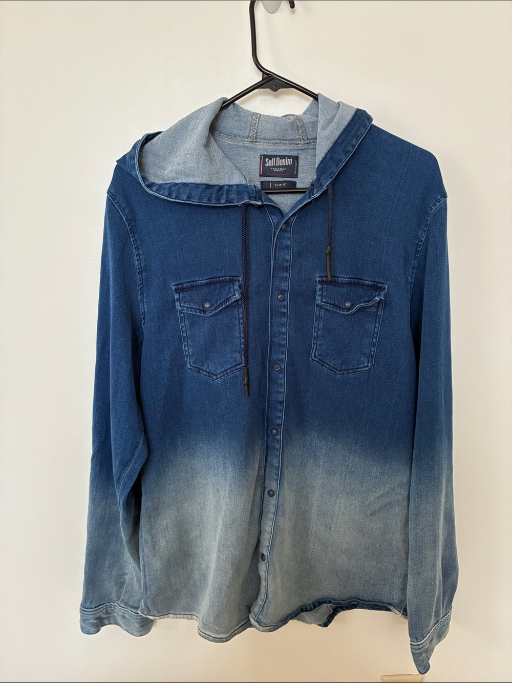 Zara Man Soft Denim XL Hooded Shirt Blue Ombre Snap Front Slim Fit